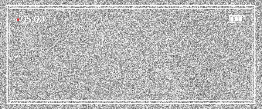 Camera screen with rec frame and grey static. Fine noise fills a wide tv viewfinder with timestamp and battery icon. Vintage vector camera rec overlay for video interface or presentation slide