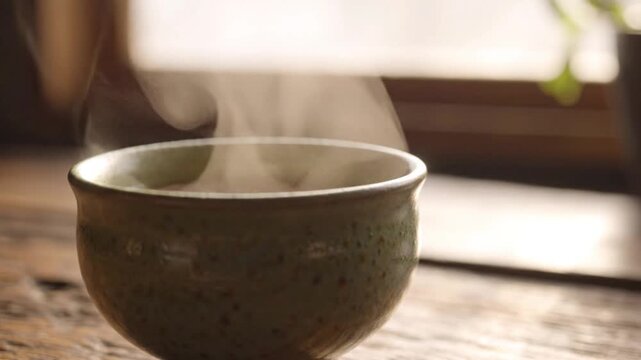 Steaming Hot Beverage in a Rustic Ceramic Bowl on a Wooden Table with Soft Window Light Creating a Cozy Morning Atmosphere