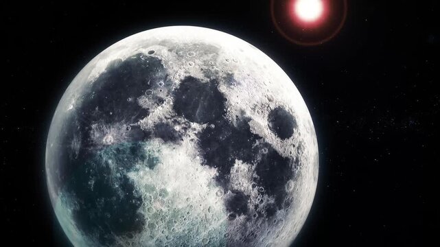 Large detailed moon in dark space with bright light flare and black background, showing craters, lunar surface texture, and a dramatic cosmic scene