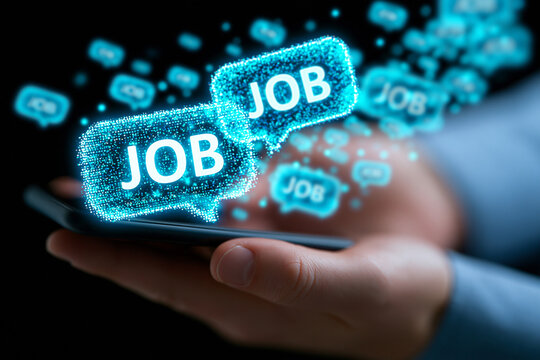 Hand ber&uuml;hrt leuchtende JOB-Schriftz&uuml;ge auf digitalem Bildschirm