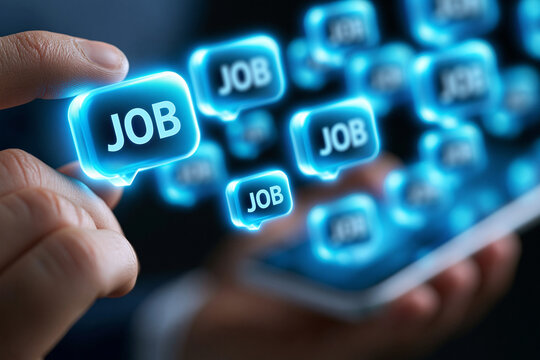Hand ber&uuml;hrt leuchtende JOB-Schriftz&uuml;ge auf digitalem Bildschirm