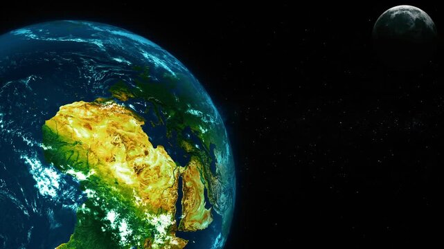 View of planet earth in space with the moon in the distance and a dark starry background
