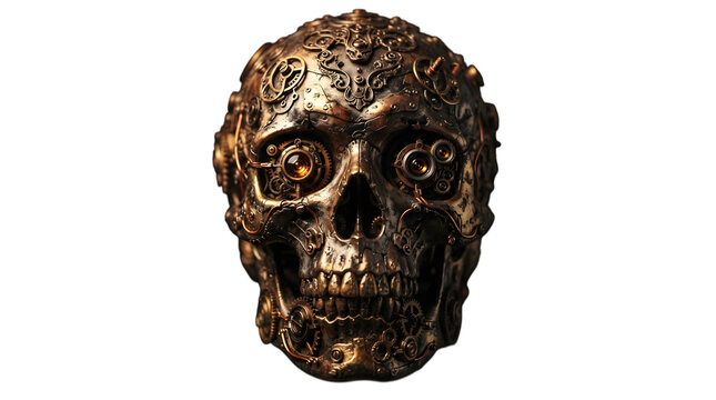 A detailed ornate human skull made of aged bronze metal featuring glowing amber eyes isolated against a solid black background for dark fantasy themes
