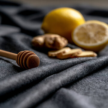 Raw ginger root and lemon halves on elegant dark fabric with still life, ingredients