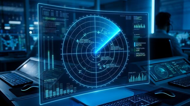 Futuristic radar screen displaying circular scanning interface with flight paths and data metrics in a dark high-tech control room environment at