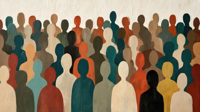 A diverse crowd of stylized human figures in muted, earthy tones