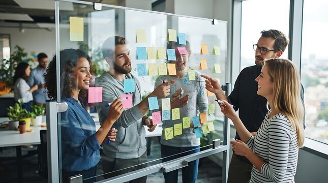 Group of diverse colleagues working together in a bright office, brainstorming project strategy using colorful sticky notes on a glass whiteboard