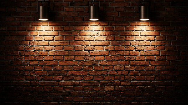 Close-up of red-brown brick wall with warm spotlights texture