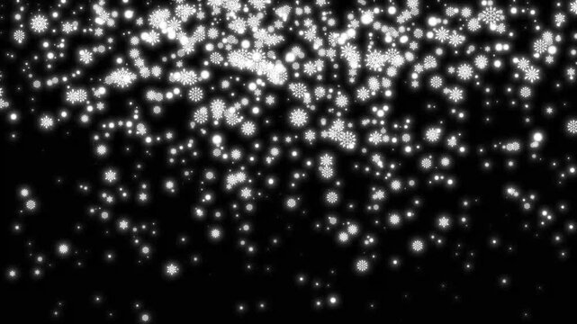 Glowing starburst rays with tumbling winter frost particles on black background