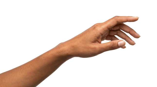 Isolated human hand reaching up on white background, closeup arm gesture, clean studio cutout for design mockups
