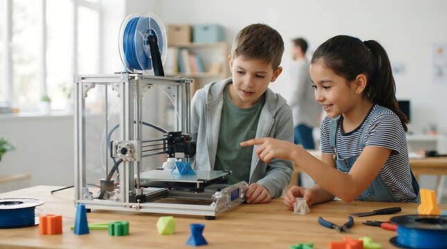 Young boy and girl pointing at a3d printer in a classroom, observing the manufacturing of a small plastic on a wooden table with tools