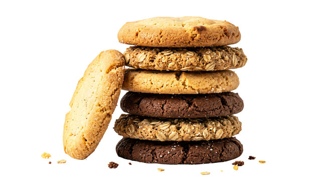 Homemade cookies stack on white background, assorted chocolate and vanilla biscuits with crumbs, bakery snack photo