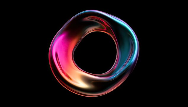 A swirling, iridescent, metallic torus shape on a black background