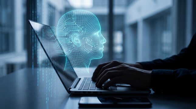 Professional typing on laptop with digital artificial intelligence hologram interface with using laptop glowing