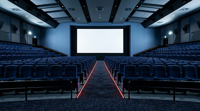 Empty cinema auditorium with bright blank screen and blue patterned carpet