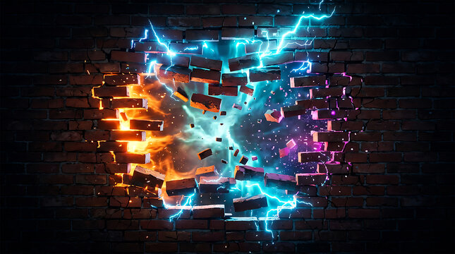 Fractured brick wall with glowing cracks and cosmic void rupture