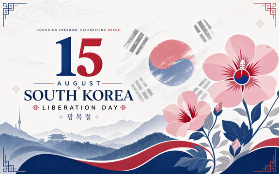 South Korea Liberation Day banner featuring Mugunghwa flowers, patriotic typography, and national colors for August 15 celebrations and commemorative events.