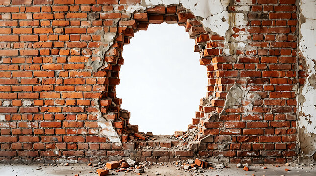 Red brick wall with large arched hole and broken bricks