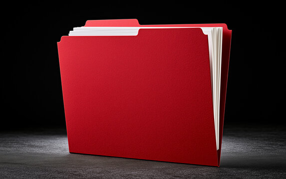Red document folder with white papers in dark studio lighting