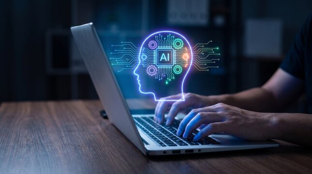 Professional typing on laptop with glowing artificial intelligence digital head interface concept with hologram