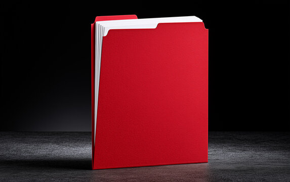 Red document folder with white papers in dark studio lighting