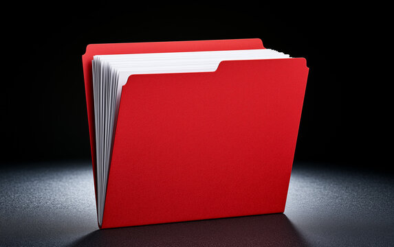 Red document folder with white papers in dark studio lighting