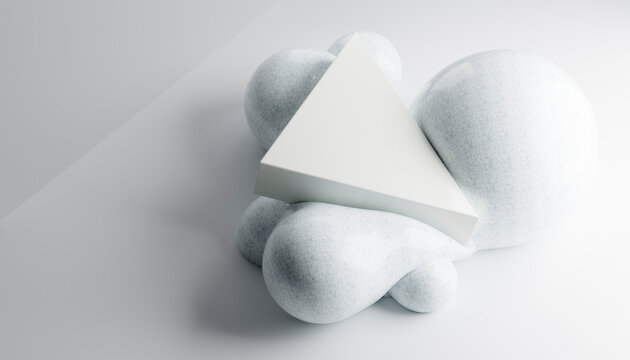 A white triangular prism resting on textured spheres in a 3d rendering