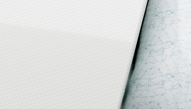 Close-up rendering of white grid paper curled beside a marbled sheet