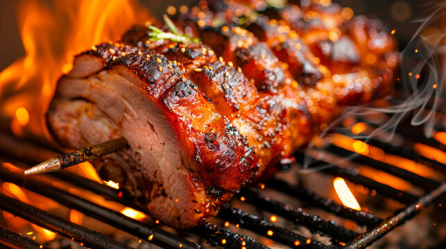 Grilled pork roast sizzling over open flames during evening cookout at backyard barbecue