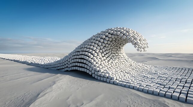 Surreal conceptual art showing a massive wave made of hundreds of white shipping containers stacked