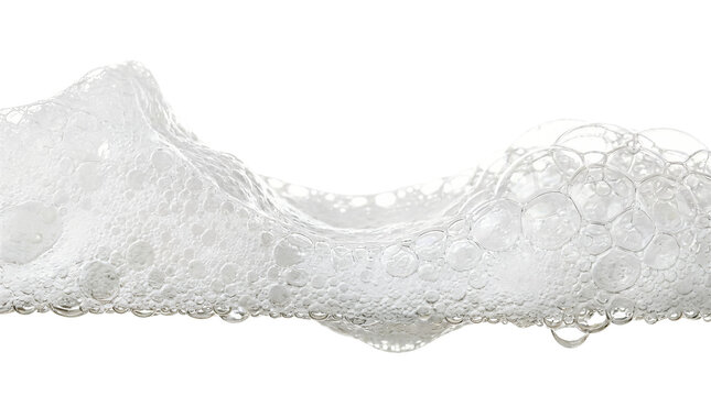 Abstract white foam bubbles texture on light background, airy soapy suds macro, clean hygiene and detergent concept