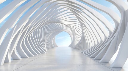 Naklejka premium Futuristic white architectural tunnel with organic curved structures and bright natural light at the end