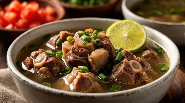 Hearty oxtail soup with lime slice and green onions served in bowl. Rich beef broth dish with meat chunks is tasty Indonesian cuisine for dinner. Includes chopped tomatoes.