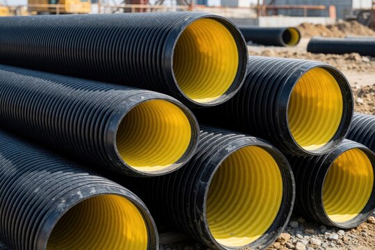Stack of black corrugated plastic drainage pipes with yellow inner lining on outdoor construction site. Heavy industrial equipment for sewage infrastructure project laying on dirt ground. Modern