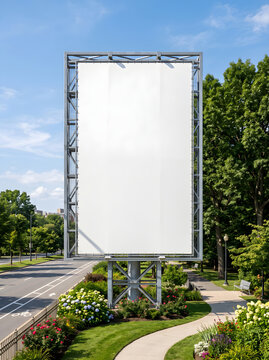 Vertical Blank Billboard Mockup with Flower Garden and Roadway Background