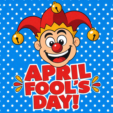 Colorful april fools day celebration with a cheerful jester face and playful text design