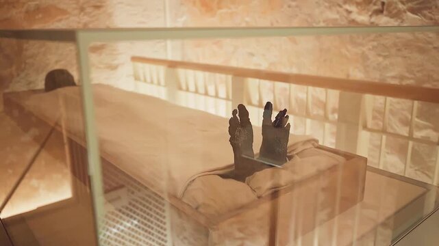 The mummy of Tutankhamun displayed inside his original burial chamber in the Valley of the Kings, located in Luxor. The tomb of the young pharaoh Tutankhamun