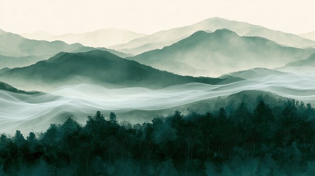 Misty, layered mountains rise above a dark, dense forest canopy