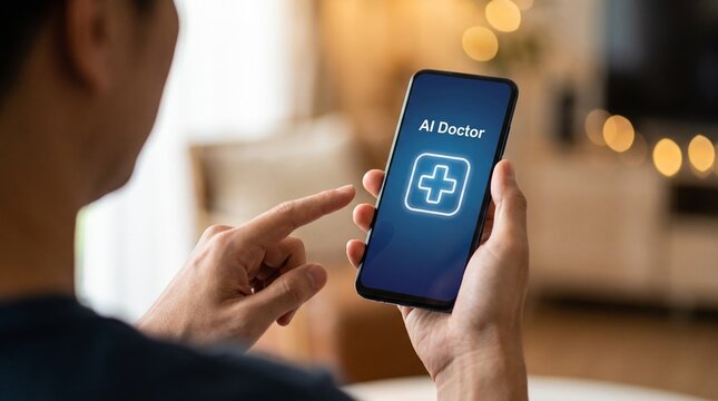 Person using healthcare application on smartphone screen for remote medical consultation with communication