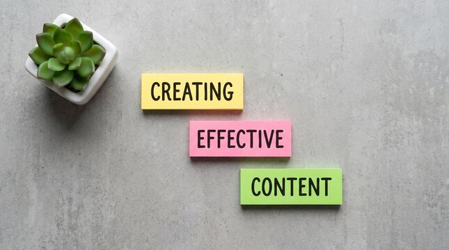 Creating effective content strategy concept displayed with colorful sticky notes on concrete office desk