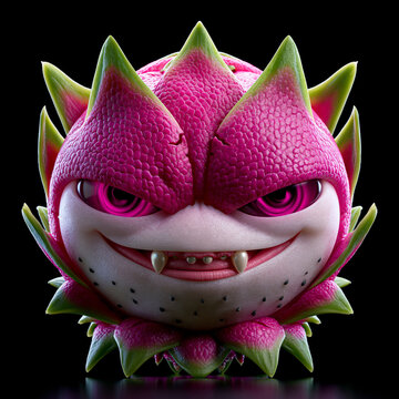 Pinke Drachenfrucht mit stacheligem Monstergesicht und breitem Grinsen