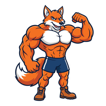 A funny fox mascot flexing muscular arms and showing off his strong physique in athletic shorts and boots