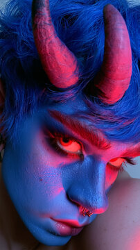 Drag Performer With Demon Horns and Blue Makeup. Drag king, drag queen.
