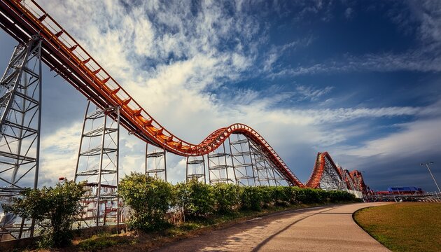 a roller coaster track curves dramatically against a dramatic cloudy sky