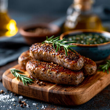 Grilled sausages on a wooden board with rosemary herbs and spices rosemary delicious