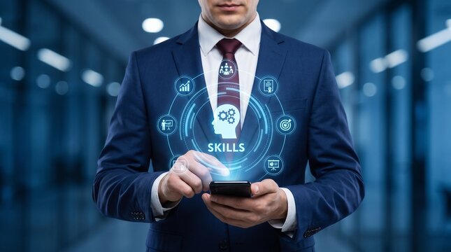 Professional businessman using smartphone to access digital skills development interface for career growth