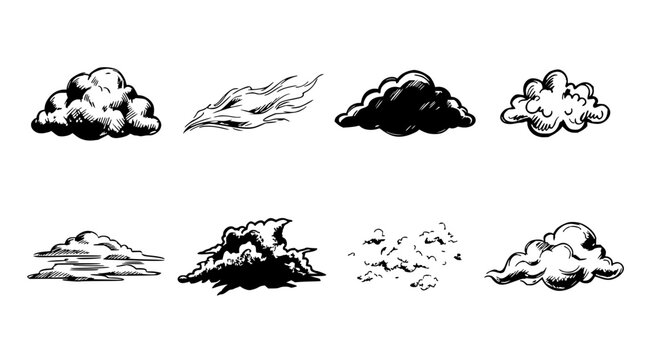 Eight black cloud illustrations set with simple flat design featuring weather symbols, minimal style, with vector icons and isolated objects