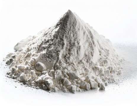 a small heap of dry white plaster powder and fine gypsum alabaster mineral dust isolated on a pure white background