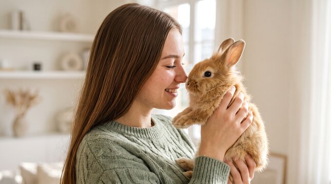 Young woman gently holding a fluffy brown rabbit close to her face in a bright, cozy room