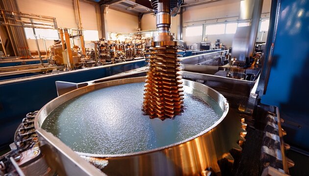 a wide high angle view of a steel gear being lifted from a chemical electroplating chrome bath